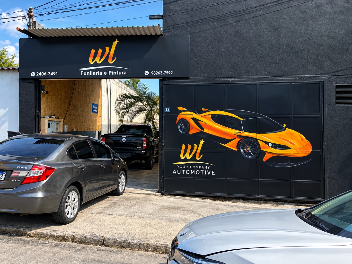 Fachada da WL Funilaria e Pintura em Guarulhos, com letreiro e portão grafitado